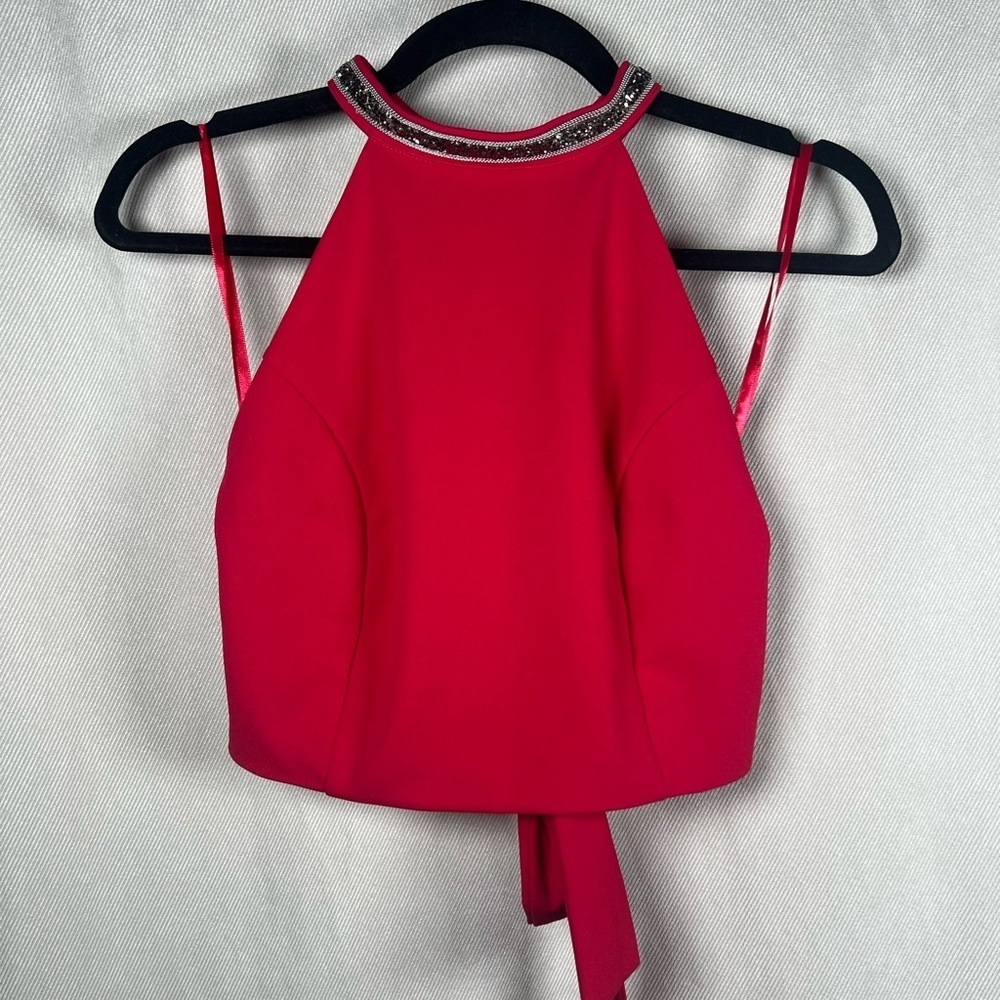 Le Chateau Halter Crop Top with Beaded Neckline - Small in Red